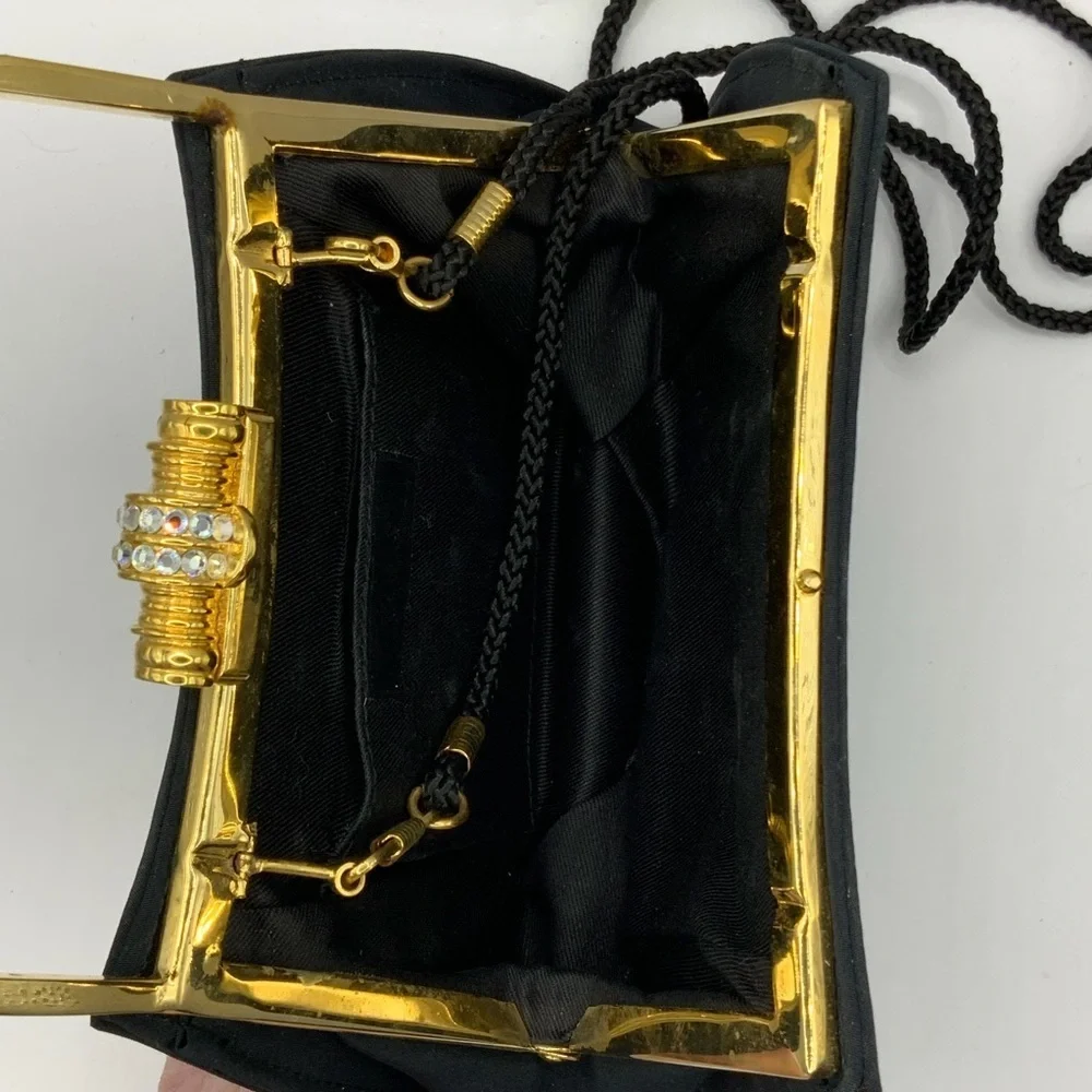 Y&S Vintage Elegant Black Satin Gold Accents Crystal Embellished Clasp Handbag